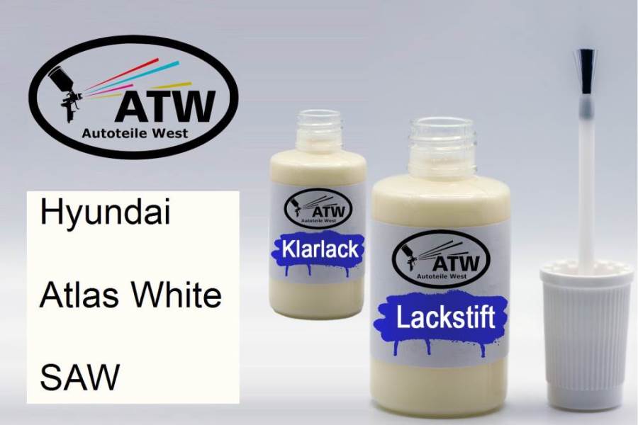 Hyundai, Atlas White, SAW: 20ml Lackstift + 20ml Klarlack - Set, von ATW Autoteile West.